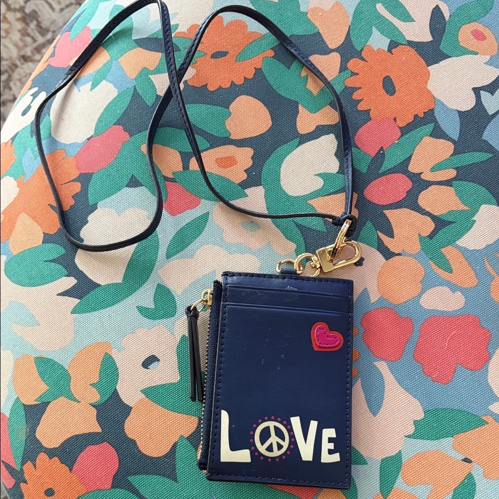 Tory Burch Peace Love Blue Card Holder with Heart Accents